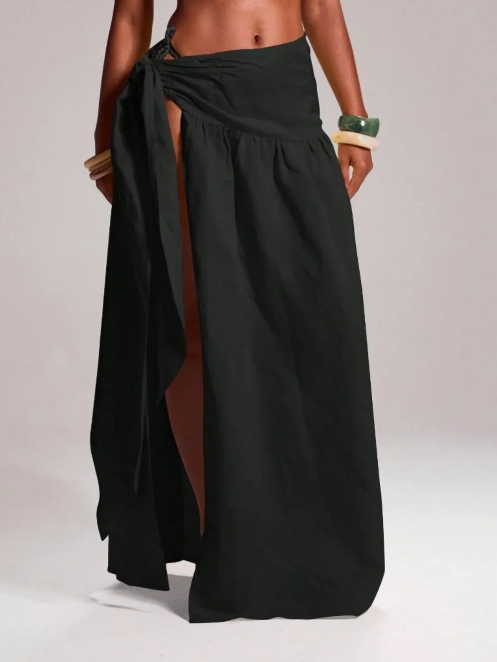 Black Sexy Women's Tie Side Low Rise Cover Up Maxi Skirt